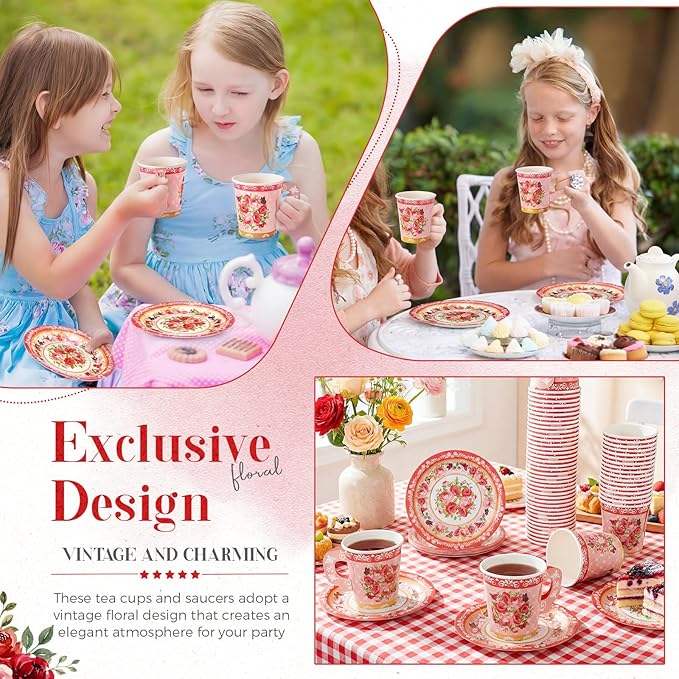 Nuogo 200 Pcs Floral Paper Tea Cups and Saucers 7 oz Disposable Tea Party Decorations Vintage Cute Paper Cups and Plates with Handles for Girls Wedding Baby Bridal Shower, Serve 100(Red)