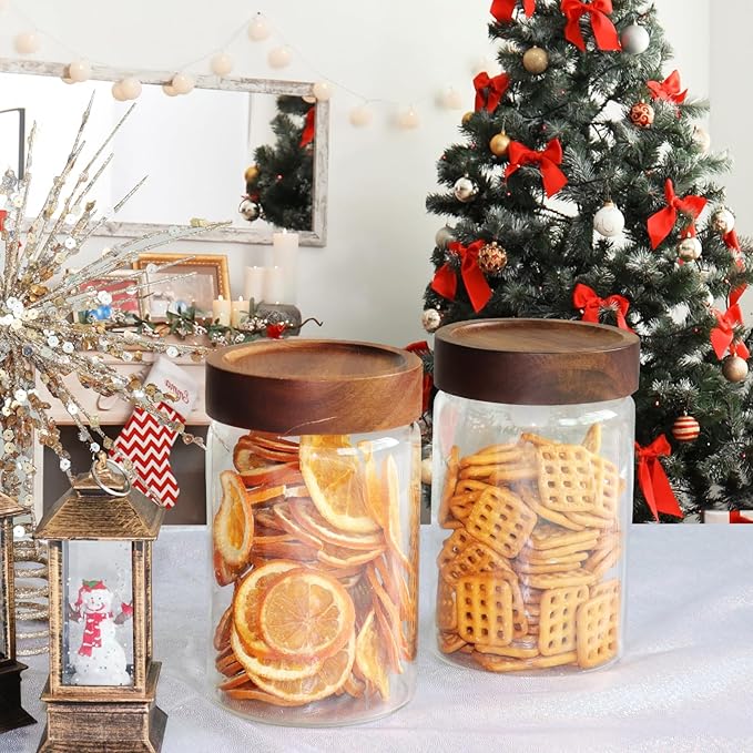 Glass Coffee Jars Spice Jar Round Storage Canister with Wooden Lid Clear Glass Food Jar for Pantry Sugar Tea Coffee Bean Spice Nuts Cookies Bath Salts (900ml/30oz-1 pack)