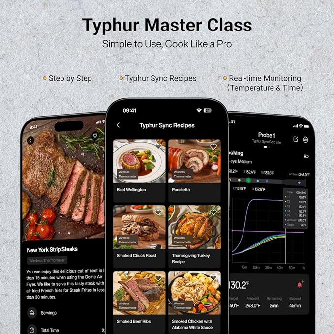 Typhur Sync Gold Wireless Meat Thermometer, Enhanced 10X Sub-1G Signal and Stability, WiFi Unlimited Range, 6 Sensors, Bluetooth Meat Thermometer for BBQ, Oven, Smoker, Grill, Air Fryer, Orange, Gen2