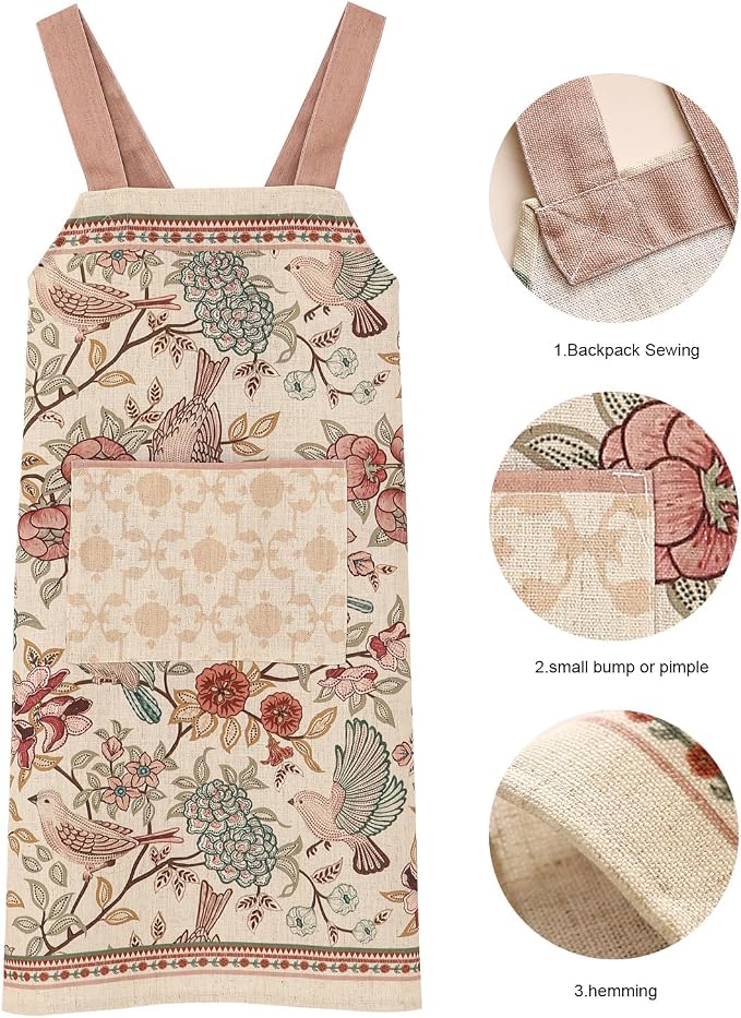 patdrea Blue Floral Linen Apron with Pocket,French Kitchen Garden Chef BBQ Aprons for Women and Men,Crisscross Back Straps - Image 4