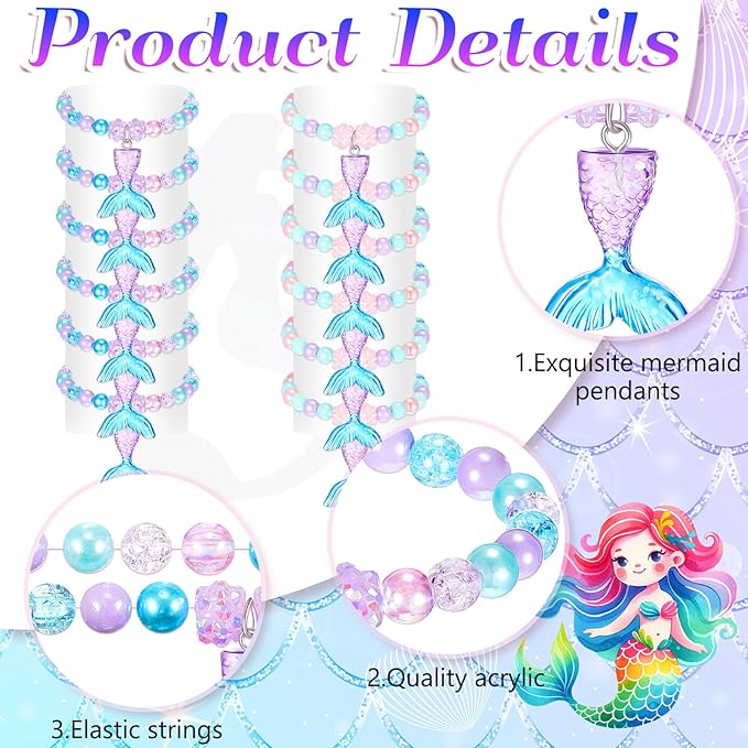 Ecally 12 Pcs Mermaid Party Favors Mermaid Beaded Bracelet Bulk Ocean Party Supplies Costume Jewelry Princess Birthday Prize Gifts