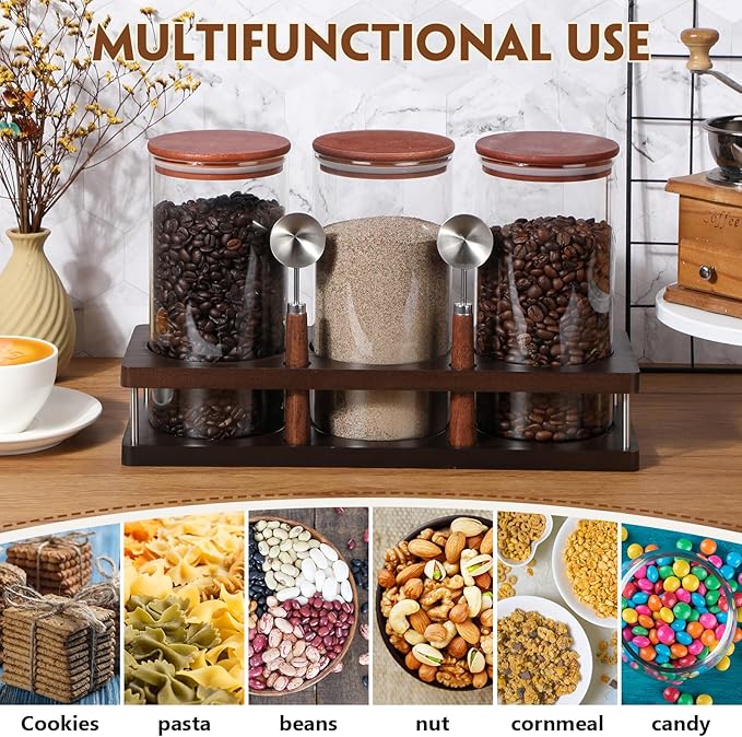 Suclain 3 Pcs Glass Coffee Bean Container 44 oz Airtight Coffee Canister with Shelf and Measuring Spoon Kitchen Food Canister Jar for Sugar Candy (Classic Style, Wood, Glass, Stainless Steel)