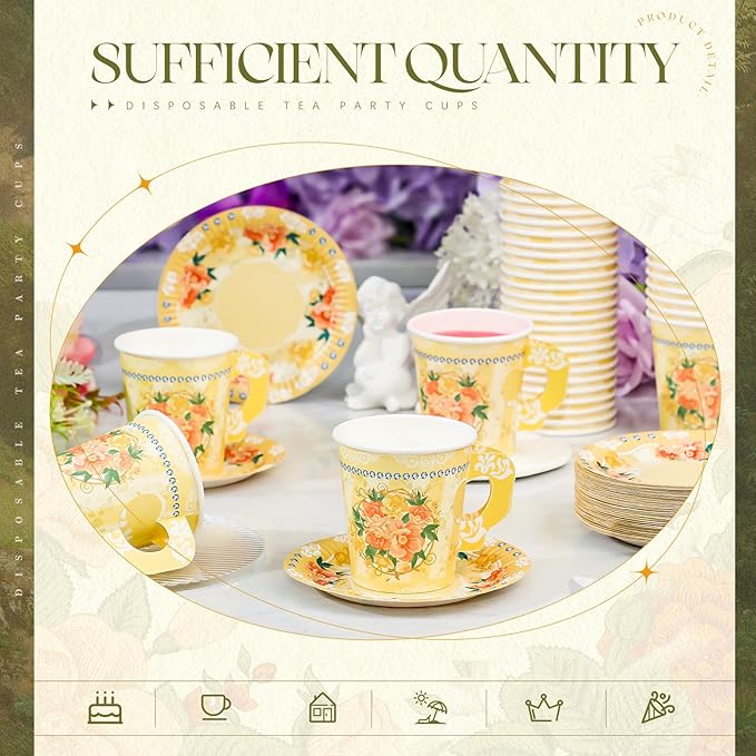 Nuogo 200 Pcs Floral Paper Tea Cups and Saucers 7 oz Disposable Tea Party Decorations Vintage Cute Paper Tea Cups and Plates with Handles for Girls Wedding Baby Bridal Shower Birthday, Serve 100