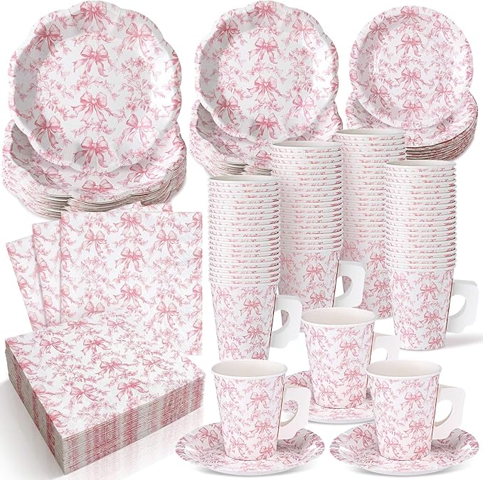 Pickmesh 252 Pcs Pink Bow Floral Tea Party Supplies for 36 Guests Flower Paper Disposable Dinnerware Flower Teacup with Handle and Saucers Set for Tea Party Decorations Birthday Baby Shower Wedding
