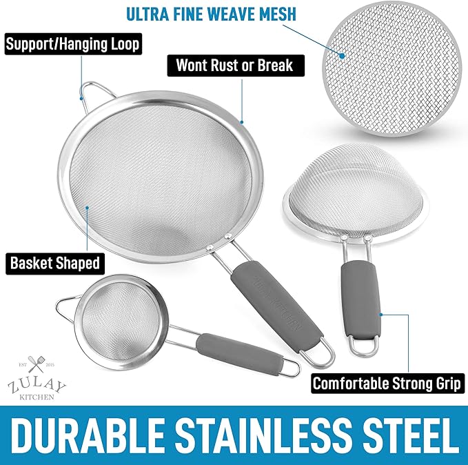 Zulay Kitchen Premium Stainless Steel Fine Mesh Strainer Set - Strainers For Kitchen (Set of 3) With Non-Slip Handles - Includes A Small, Medium & Large Fine Mesh Sieve Set - Durable Metal Strainer