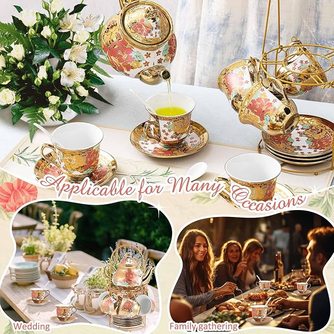 Zhehao 20 Pcs Porcelain Tea Set with Metal Holder and Spoon Adult Ceramic Tea Set European Flower Painting Teapot Cup Saucer Spoon for Women, Large Version(Stylish Style)