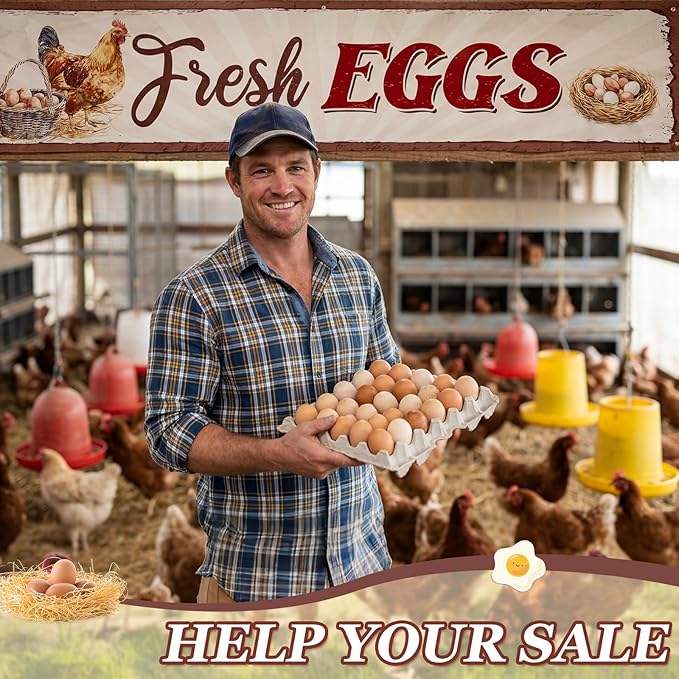 Tegeme Farm Fresh Eggs Sign, 24 x 120 inches/ 2 x 10 ft Rustic Fresh Eggs Banner Sign with 10 Grommets for Indoor Outdoor Chicken Coop Yard Business Supplies Farmers Market Decor
