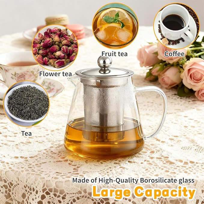 Glass Teapot with Stainless Steel Infuser, Borosilicate Glass Tea Maker, Stovetop Safe (550ML)