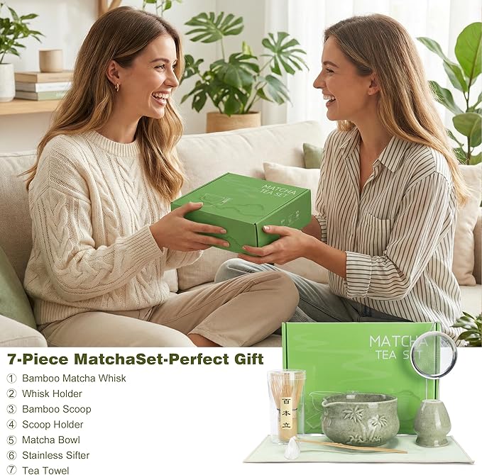 Matcha Whisk Set, Ceramic Matcha Kit Set Includes Matcha Bowl, Matcha Whisk and Holder, Bamboo Scoop, Scoop Rest, Sifter and Tea Towel - 7 Pcs Matcha Kit for Matcha Lovers (Matcha Green Coconut Tree)