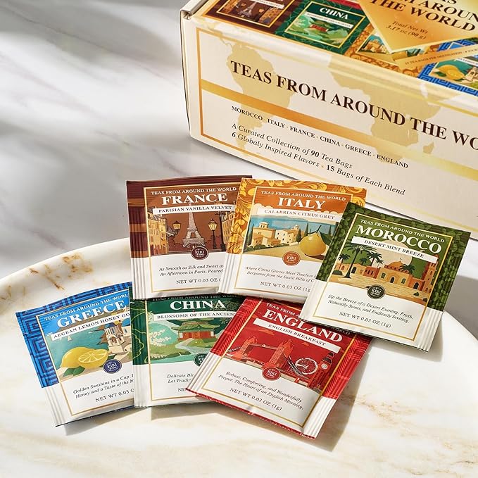 Exotic Teas of the World Gift Set – 90 Count International Tea Bags Variety Pack | Global Sampler Box Featuring England, France, Italy, Morocco, Greece & China | Gourmet Assorted Gift Travel Lovers