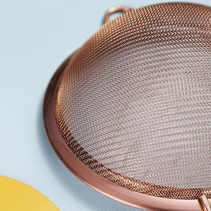 Kyraton Rose Gold Fine Mesh Strainer 3 Pieces Set, Copper Flour Sifter For Baking, Stainless Steel Clander, Matcha Tea Strainer, Gravy Separator, Stasher Sieve Pasta Strainers