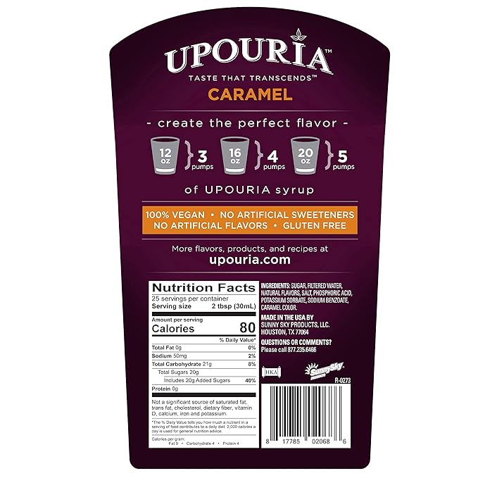 Sunny Sky Upouria Coffee Syrup Variety Pack - French Vanilla, Mocha, and Caramel Flavoring, 100% Vegan, Gluten Free, Kosher, 750 mL Bottle - 3 Coffee Syrup Pumps Included