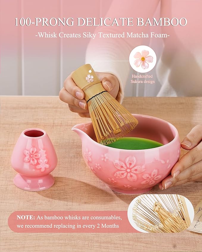 Matcha Whisk Set, 6pcs Matcha Kit Includes Matcha Bowl with Spout, Bamboo Whisk & Scoop with Cute Charm, Chasen Holder, Innovative Sifter, Tea Mat for Latte Making, Pink