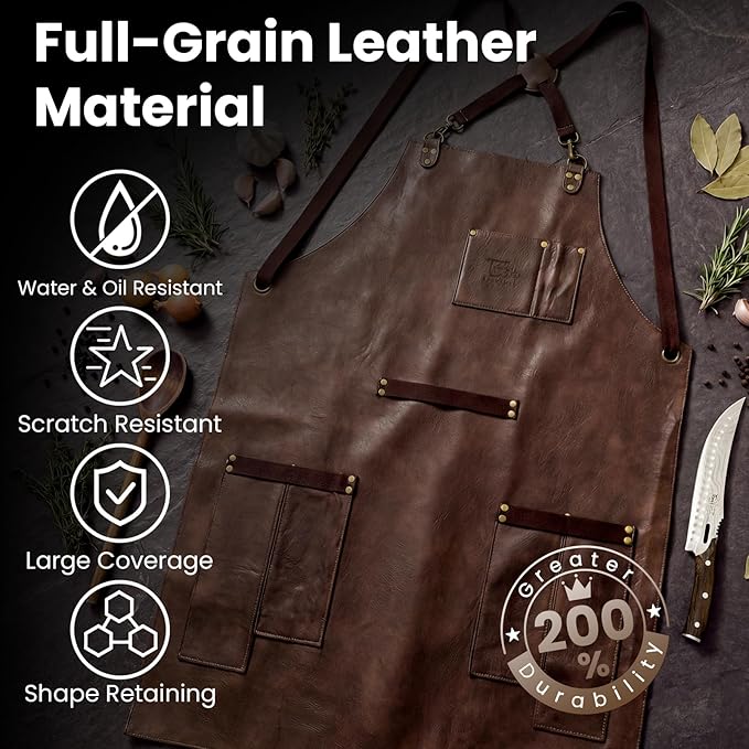 SYOKAMI Synthetic Leather Chef Cooking Apron for Men, Cross Back Apron for All-Day Comfort, Waterproof Apron with Multiple Pockets, Great for Kitchen, Garden, BBQ, Butcher Work or Crafts, Ideal Gift