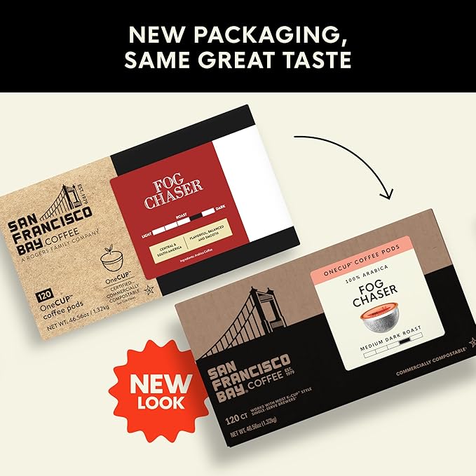 San Francisco Bay Coffee - Medium-Dark Roast - Fog Chaser (120 ct) - Single Serve Coffee Pods, Commercially Compostable, K Cup Compatible