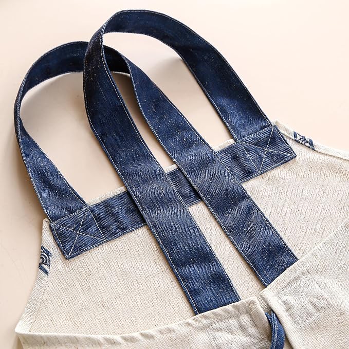 patdrea Blue Floral Linen Apron with Pocket,French Kitchen Garden Chef BBQ Aprons for Women and Men,Crisscross Back Straps - Image 7
