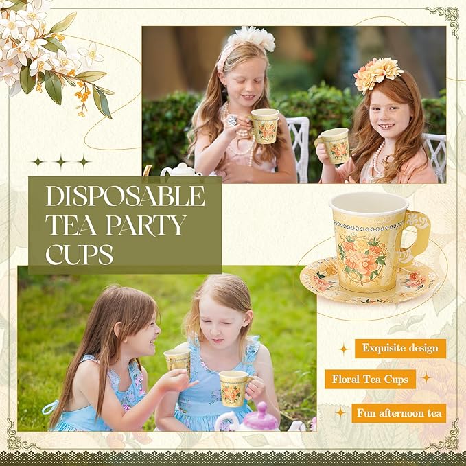 Nuogo 200 Pcs Floral Paper Tea Cups and Saucers 7 oz Disposable Tea Party Decorations Vintage Cute Paper Tea Cups and Plates with Handles for Girls Wedding Baby Bridal Shower Birthday, Serve 100