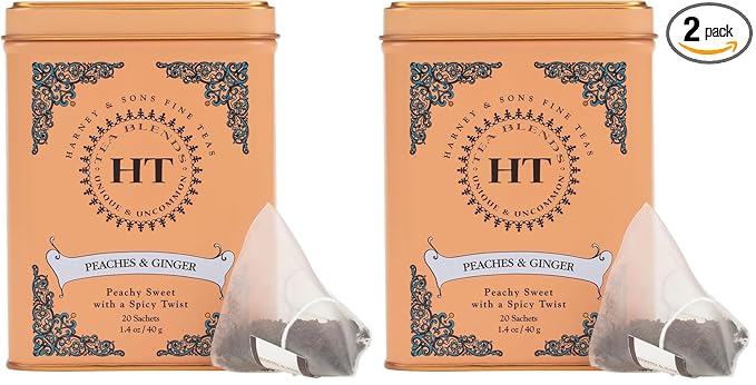 Harney & Sons Peaches & Ginger Black Tea, 20ct sachet tin (Pack of 2)