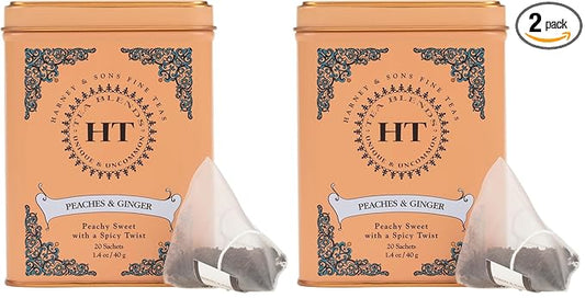 Harney & Sons Peaches & Ginger Black Tea, 20ct sachet tin (Pack of 2)
