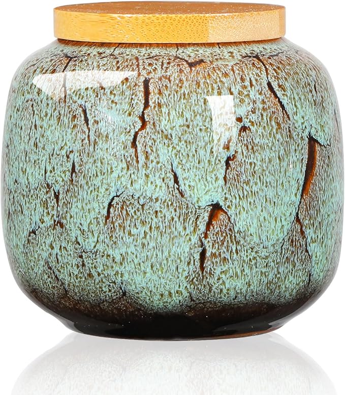 6oz Flambe Glaze Ceramic Loose Tea Canister Vintage Storage Jars with Airtight Wooden Lid Green Matcha Tin Container for Coffee Beans Condiments