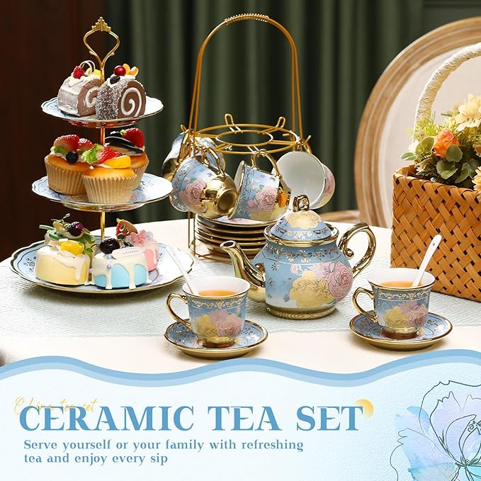 21 Pcs Ceramic Teapot Set Vintage Porcelain Tea Cups with Metal Holder and High Tier Cupcake Stand Saucers for Women Girls Farmhouse European Weddings Party Decor Gifts(Blue,Vivid)