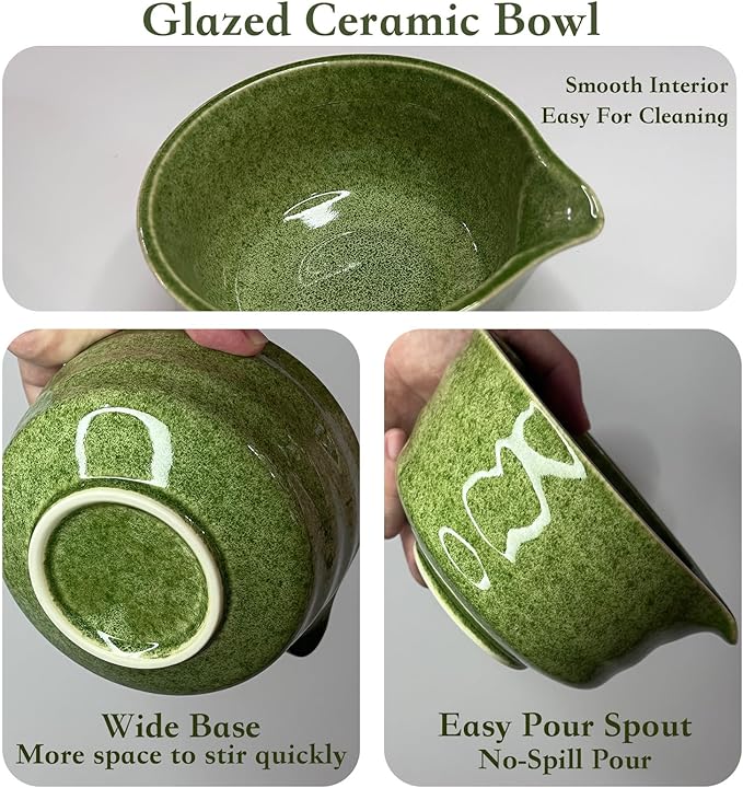 5Pcs Japanese Matcha Tea Set - Ceramic Bowl with Spout & Holder, Bamboo Whisk (Chasen), Scoop, Sifter - Complete Traditional Tea Ceremony Kit for Beginners, Gift for Tea Lovers(Green)