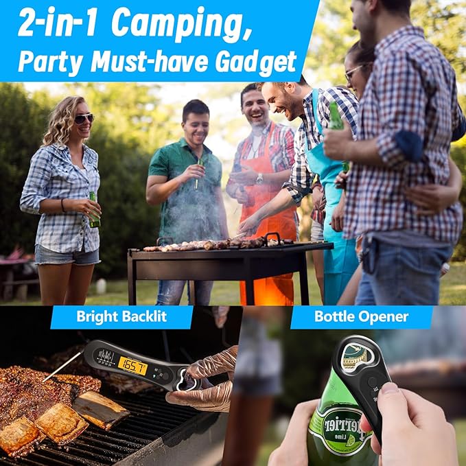Digital Meat Thermometer for Cooking, Biison Wireless Instant Read Meat Thermometer Waterproof, Backlight, Ultra-Fast Accurate and 180° Folding Probe Kitchen Thermometer for Turkish/Grill