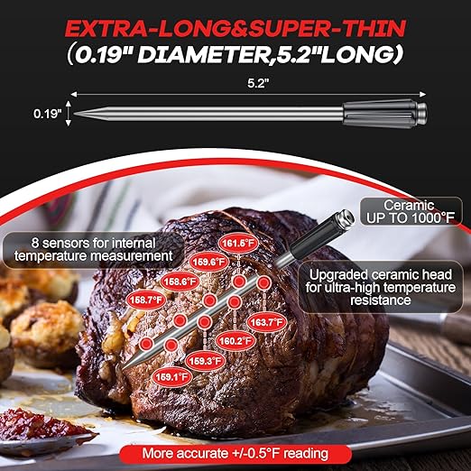 800FT Wireless Meat Thermometer Digital with 2 Upgraded Ultra-Thin Probe, Large Touchscreen, Kitchen Food Thermometer for Cooking Oven, Smoker, Rotisserie, BBQ, Christmas Gifts