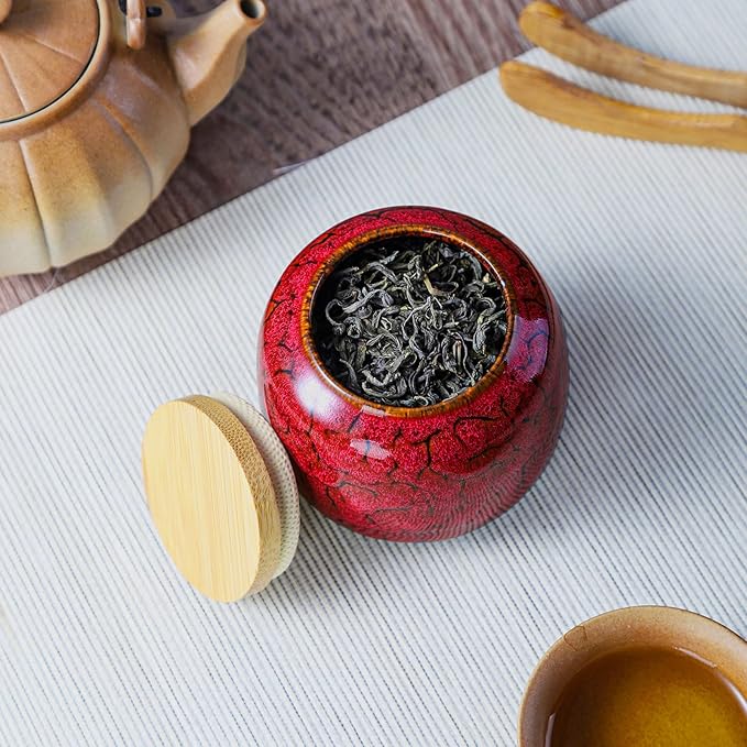 6oz Flambe Glaze Ceramic Loose Tea Canister Vintage Storage Jars with Airtight Wooden Lid Green Matcha Tin Container for Coffee Beans Condiments