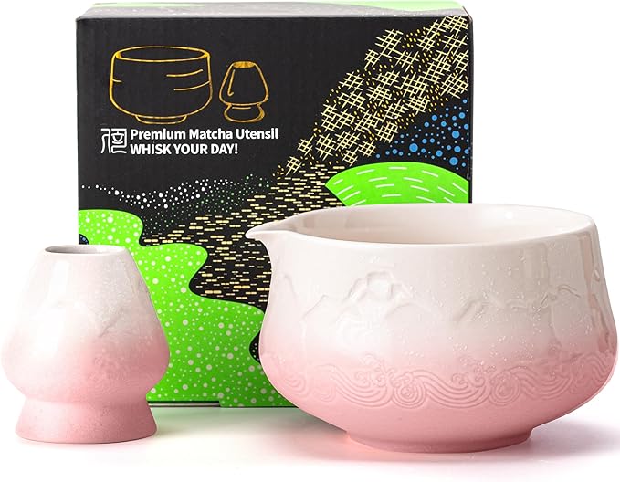 TEANAGOO Matcha Bowl with Spout,2-Pcs Fuji Design Ceramic Bowl and whisk Holder(chawan),18.9oz/560ml Pink Matcha Bowl with Stand, Gift Set for Friend/Family
