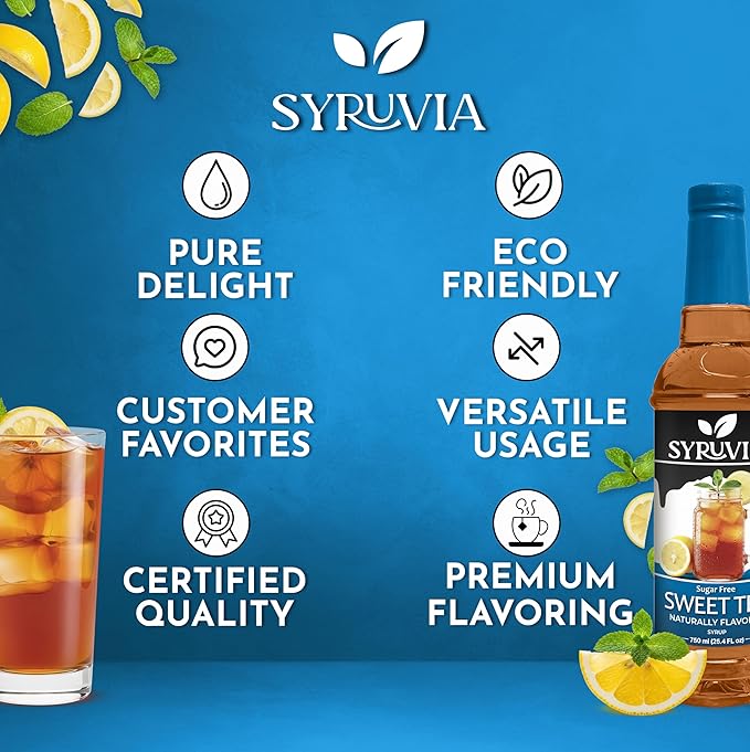 Syruvia Sugar-Free Sweet Tea Syrup, Natural Flavors, Syrup for Drinks, Lattes, and Desserts – 25.4 fl oz