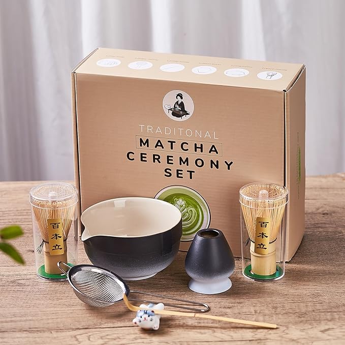 Matcha Whisk Set, Matcha Set Includes 2X Matcha Whisk, Matcha Bowl and Chasen Holder, Bamboo Scoop, Scoop Rest, Sifter - 7 Pcs Matcha Kit for Tea Ceremony, Gift for Matcha Lover (Black to White)