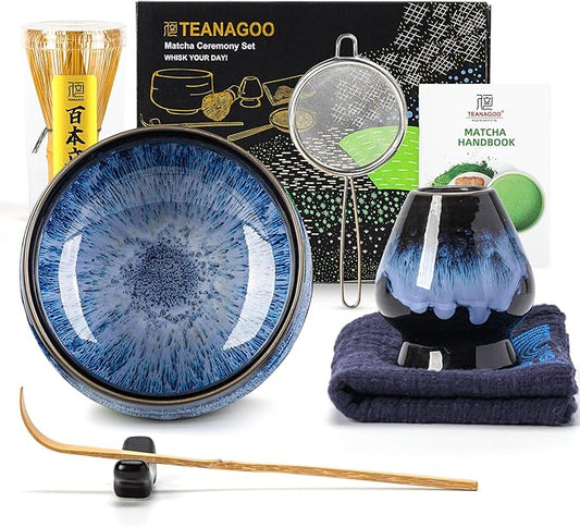 TEANAGOO 7 Pcs Matcha Whisk Set, Matcha Set for Ceremony, Matcha Kit Junware-Blue, Matcha Tea Set for Making Breakfast/Latte, Matcha Whisk Gift Set and Bowl with All Accessories