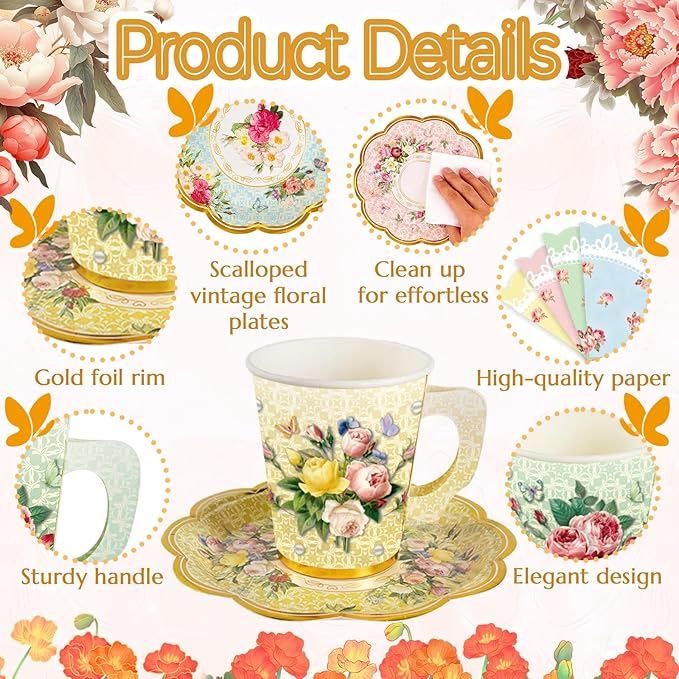 280PCS Spring Tea Party Decorations, Floral Paper Tea Cups & Saucer Set, Disposable Floral Cups With Handle Napkins Plates Knives Forks for Girls Kids Afternoon Tea Birthday, Wedding Party Supplies