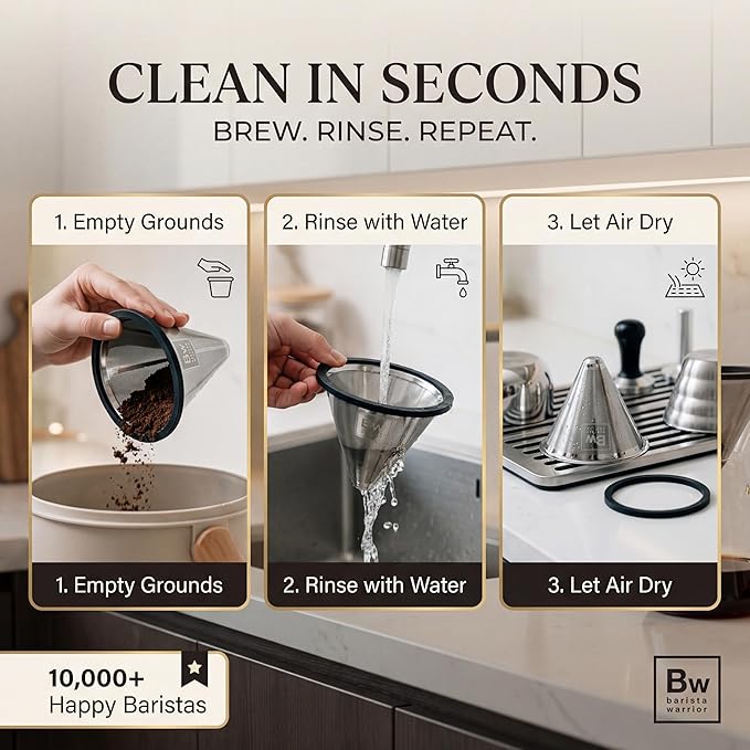 Barista Warrior Reusable Coffee Filter - Stainless Steel Pour Over Dripper, Compatible for Chemex, Hario V60 & Drippers, Easy to Clean Flavorful Brew Fine Mesh Coffee Filter - Silver