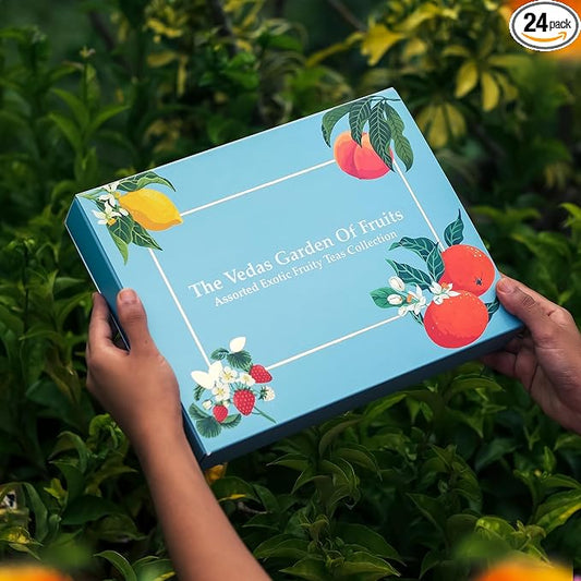 The Vedas garden of Fruits Premium Herbal Tea Selection Gift Set Box Ideal Gifts For Women & Men, Birthday, Anniversary & Self-Care Eco-Friendly | 24 handstitched cotton teabags | 6 different flavours