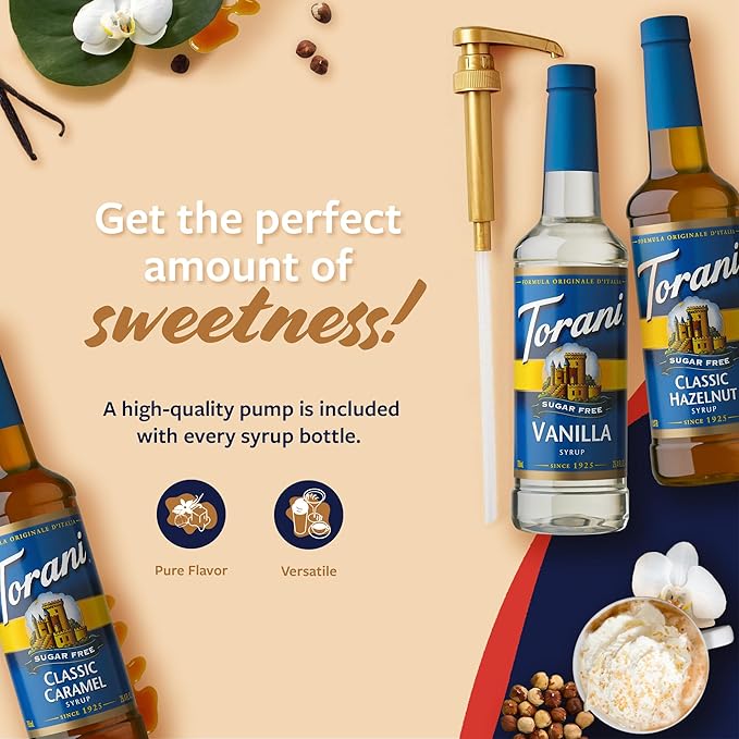 Torani Sugar Free Syrup, Coffee Lovers Variety 3-Pack, Vanilla, Classic Caramel, Classic Hazelnut Syrup for Drinks, Zero Calories, Pumps Included, 25.4 Fl Oz Ea