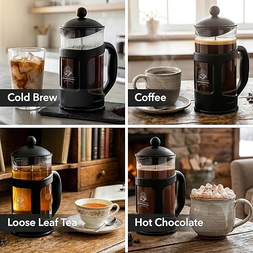 OVENTE French Press Coffee Maker 34 Ounce with Heat Resistant Borosilicate Glass & Stainless Steel 4-Level Filtration System, Portable Cold Brew Coffee Maker for Travel, Camping or Gift, Black FPT34B