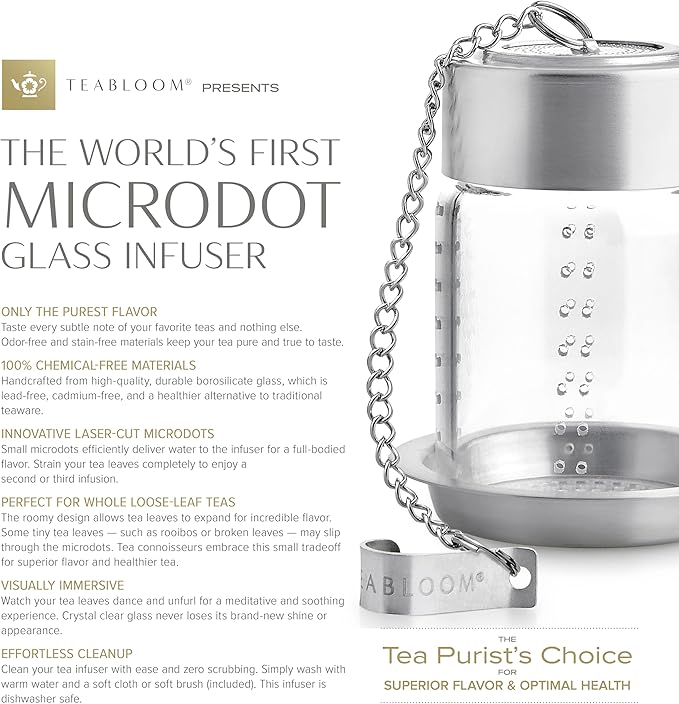 Teabloom Elegant Glass Tea Infuser – Patent-Pending, Lead-Free & Non-Toxic, Designed for Whole Loose-Leaf White, Green, Oolong, Black & Herbal Teas – Small or Large