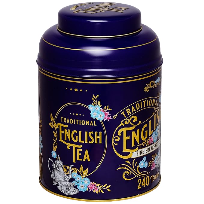 New English Teas Vintage Victorian Tea Tin in Royal Purple With 240 English Breakfast Teabags, Forget Me Not Florals