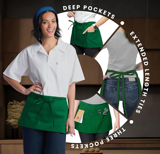 Avalon Kitchen Server Aprons with 3 Pockets – 100% Polyester Waist Apron, 24x12 Inch Half Apron, Waitress Apron for Servers - Image 3