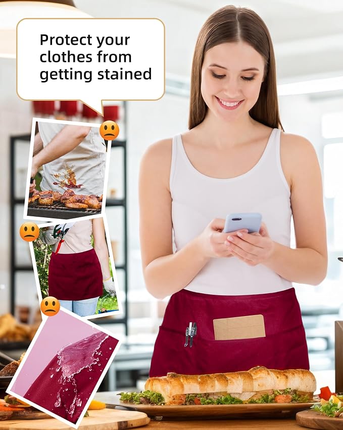 Argstar 2 Pack Server Apron with 4 Pockets, Waitress Waiter Waist WaterDrop Resistant Short Aprons - Image 4