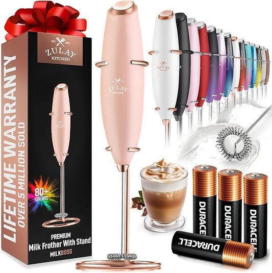 Zulay Kitchen Powerful Milk Frother Wand With 4 AA Duracell Batteries - Ultra Fast Handheld Drink Mixer - Electric Whisk Foam Maker for Coffee, Lattes, Cappuccino, Matcha & Creamer