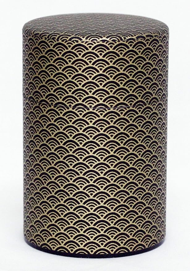 Washi Paper Tea Tin Canister: Long 5.3oz (150g) Black Waves with Gold Outlines (#91), Japan