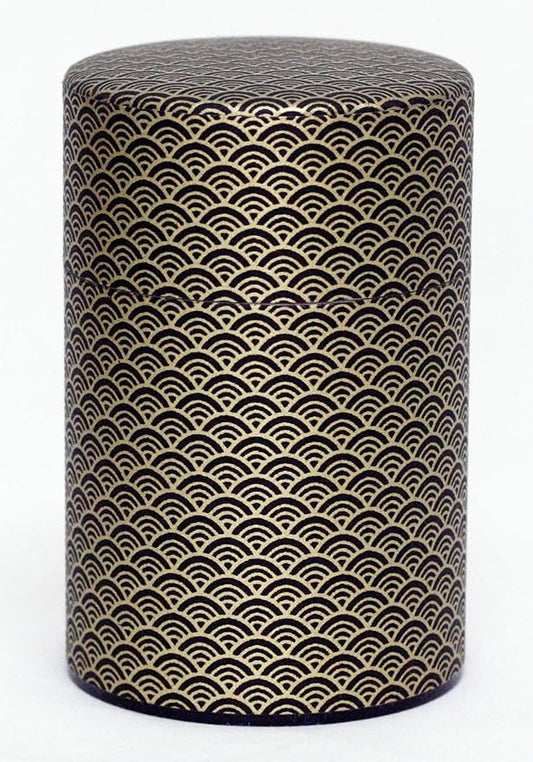 Washi Paper Tea Tin Canister: Long 5.3oz (150g) Black Waves with Gold Outlines (#91), Japan