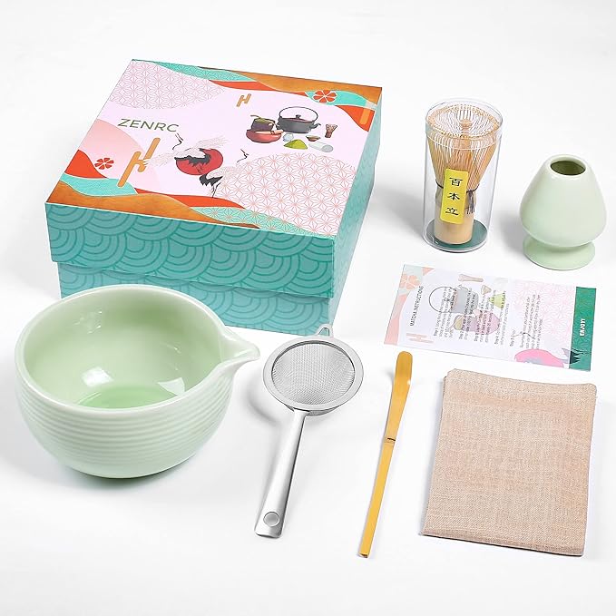 Ceremony Matcha Kit - Bamboo Matcha Whisk (Chasen) Scoop (Chashaku) Chawan Bowl with Pouring Spout Whisk Holder Strainer- The Perfect Matcha Set (Apple Green, Set of 6)