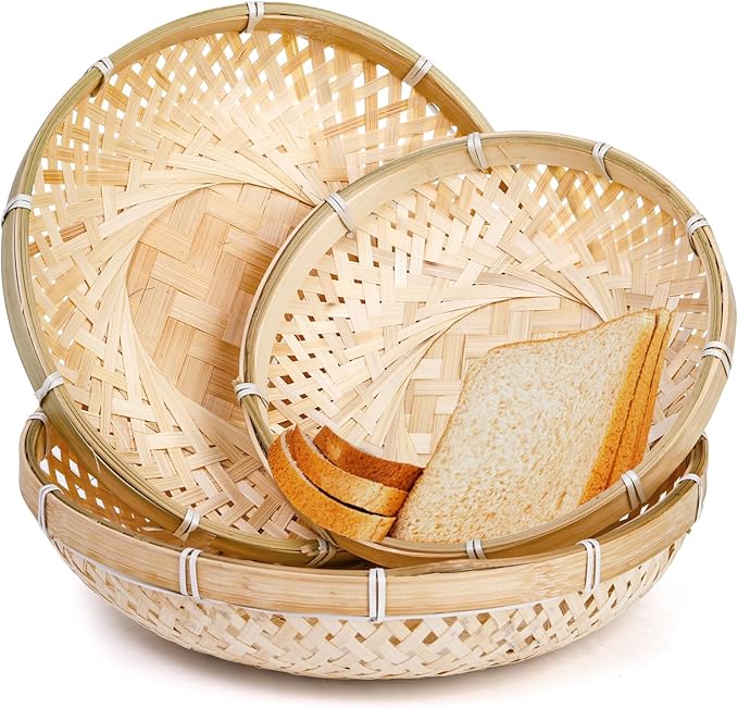 Hiceeden 3 Pack Round Bamboo Serving Trays, Decorative Wicker Basket Tray for Food, Natural Woven Shallow Tray for Fruit, Vegetables, Bread