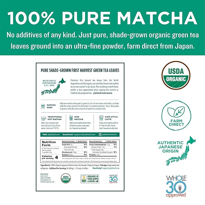 Jade Leaf Matcha Organic Ceremonial Grade Matcha Green Tea Powder On The Go Packets - Convenient For Lattes, Smoothies, Usucha, 30 Count (0.04 Ounce Packets)