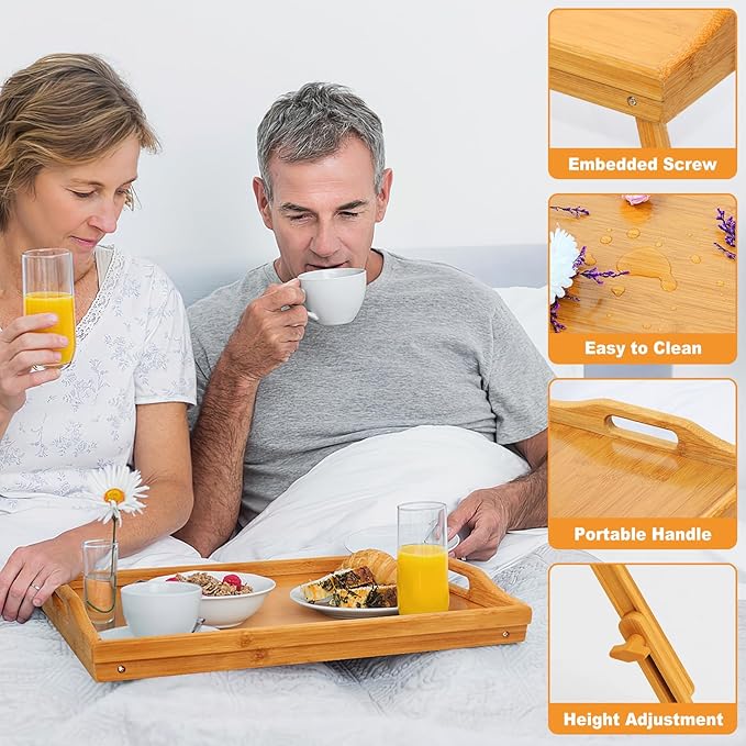Bed Tray Table Set of 2, Bamboo Breakfast Trays with Folding Legs and Handles, Snack and Eating Lap Table, Natural Wood Color Serving Tray for Kitchen, Sofa or Bed Use