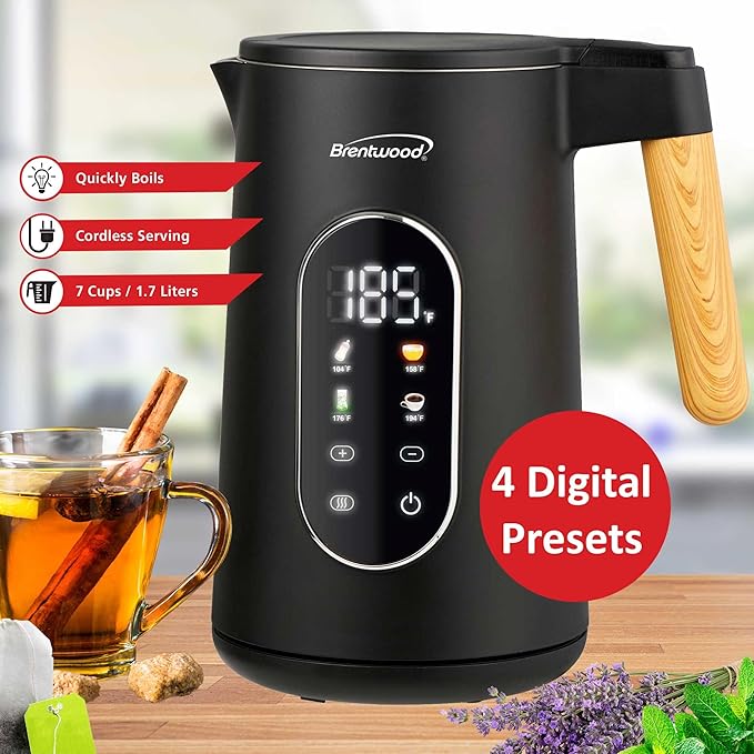 Brentwood 1100W 1.7L Cordless Cool Touch Digital Kettle with Stainless Steel Interior, Temperature Control with 4 Presets, 360° Base, Auto Shut-Off, Keep Warm, & Boil Dry Protection (Black, 1.7L)